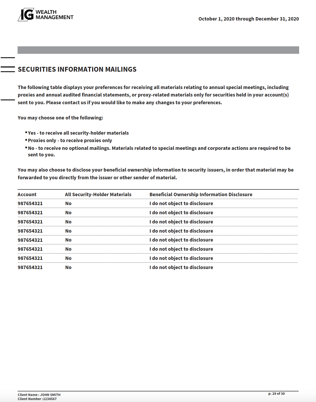 Securities Information Mailings