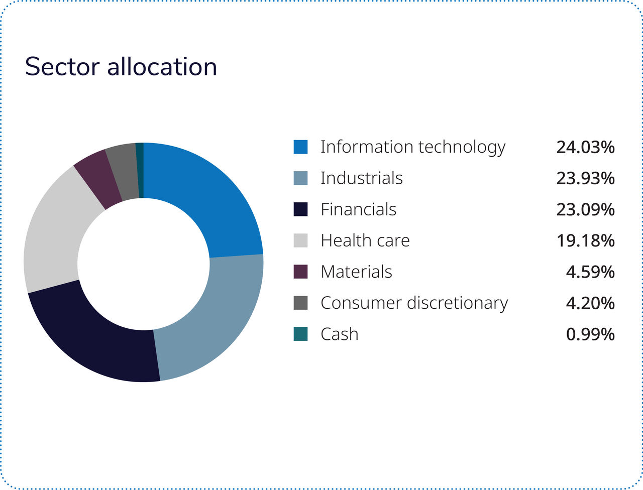 Over three-quarters of the fund is comprised of four sectors: IT, industrials, health care and financials.